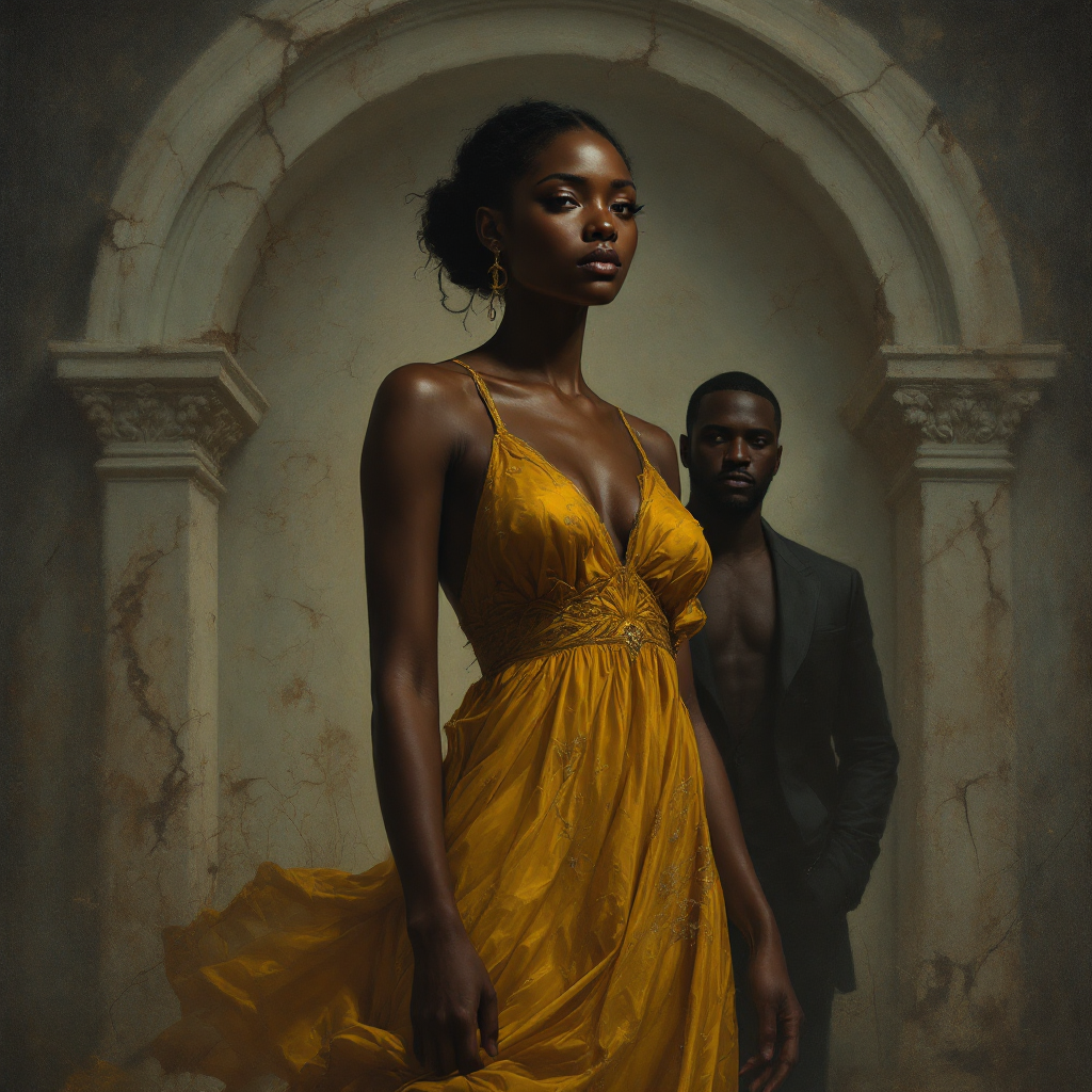 Painting titled She Wears Her Joy, He Devours